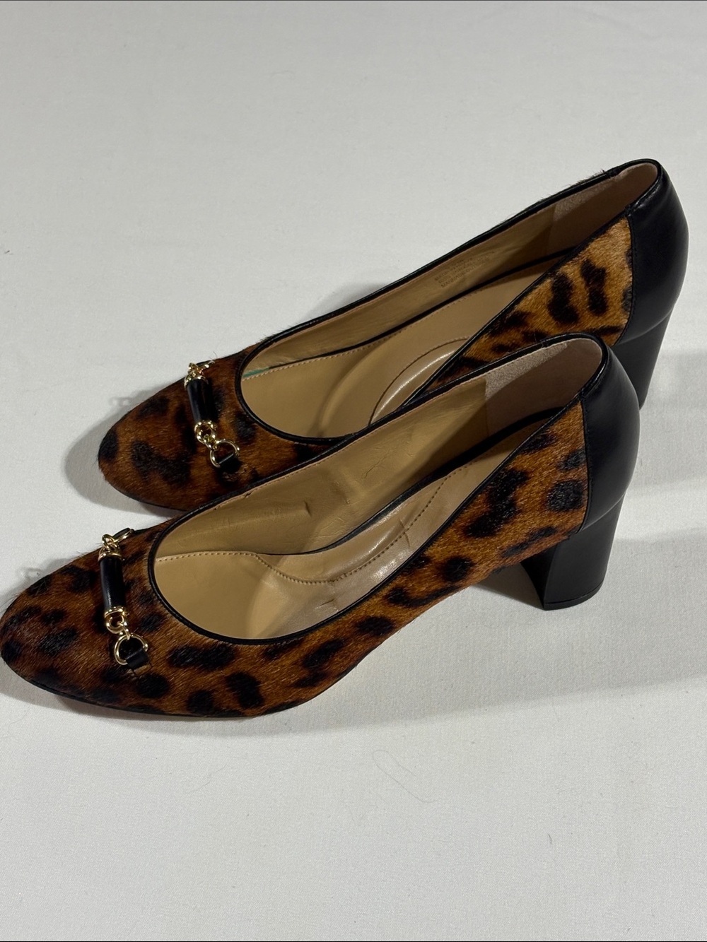 Talbots Calf Hair Leopard-Print Block Heel Pumps with Gold Accent NNT 9.5 - Picture 15 of 16